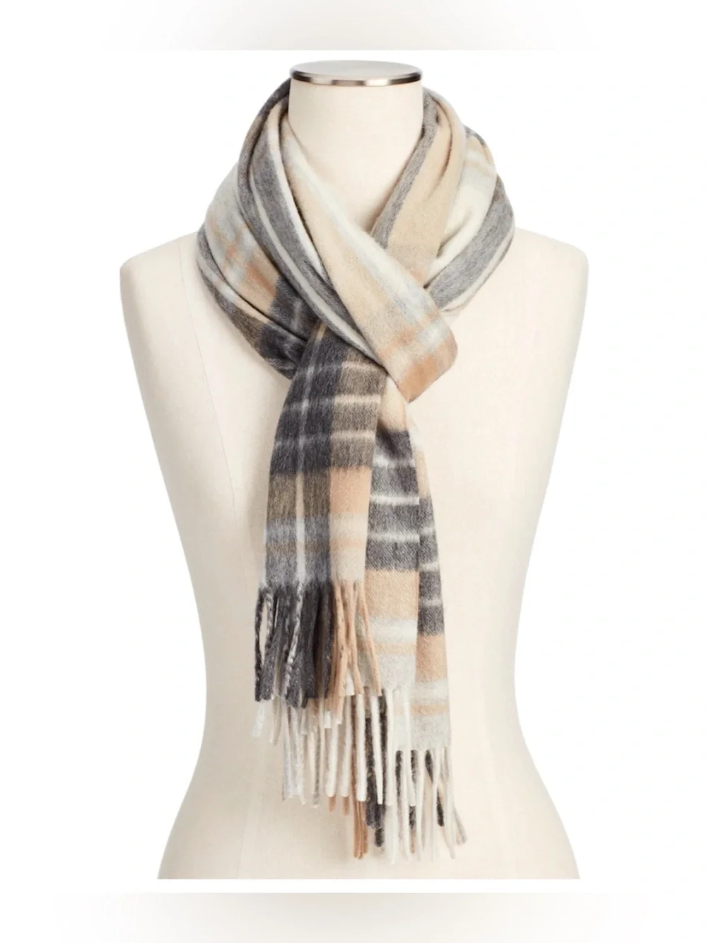 Talbots 100% Cashmere Plaid Scarf Beige Gray Blue Fringe 71”